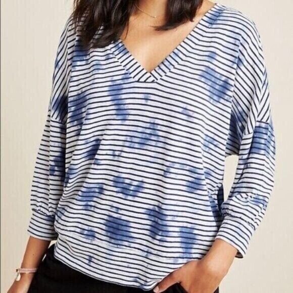 Saturday Sunday Top Size Small Blue White Tie dye With Stripes V-Neck - Picture 1 of 11